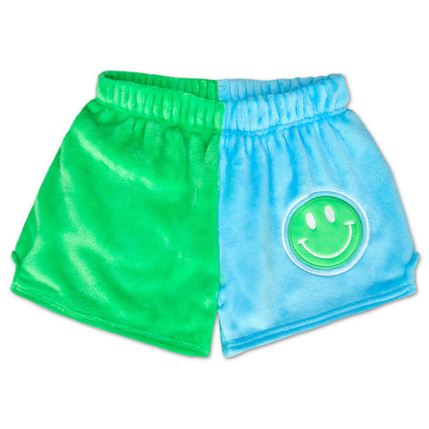 glam green and bright blue smile fuzzie shorts