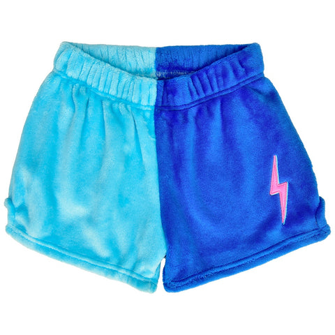 midnight and bright blue lightning bolt fuzzie shorts